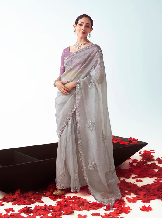 Grey Embroidered Cut Work Fancy Fabric Ceremonial Designer Saree