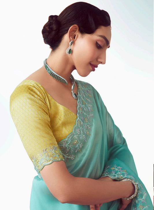 Aqua Blue Embroidered Cut Work Fancy Fabric Ceremonial Designer Saree