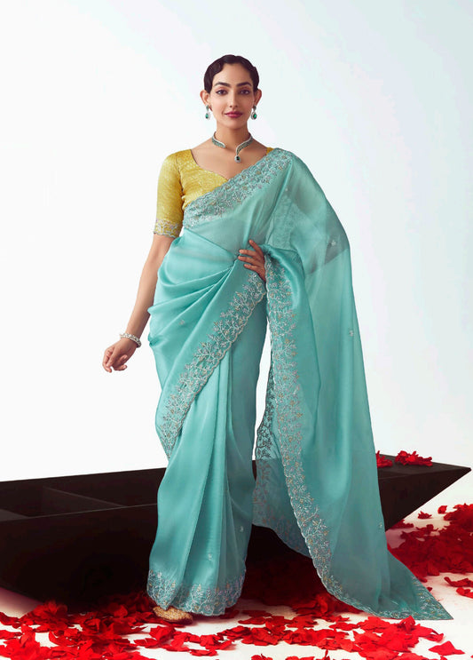 Aqua Blue Embroidered Cut Work Fancy Fabric Ceremonial Designer Saree