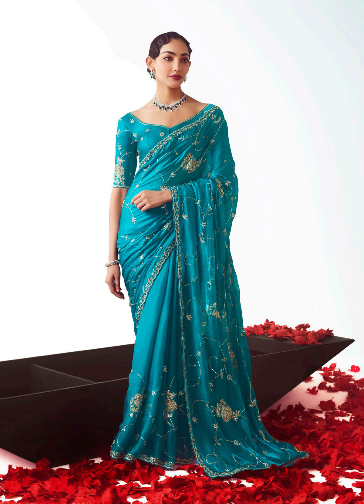 Turquoise Blue Embroidered Cut Work Fancy Fabric Ceremonial Designer Saree