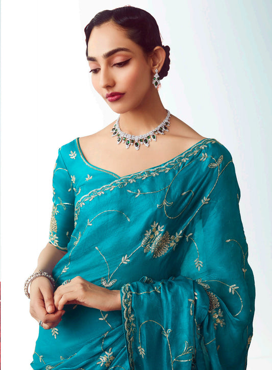 Turquoise Blue Embroidered Cut Work Fancy Fabric Ceremonial Designer Saree