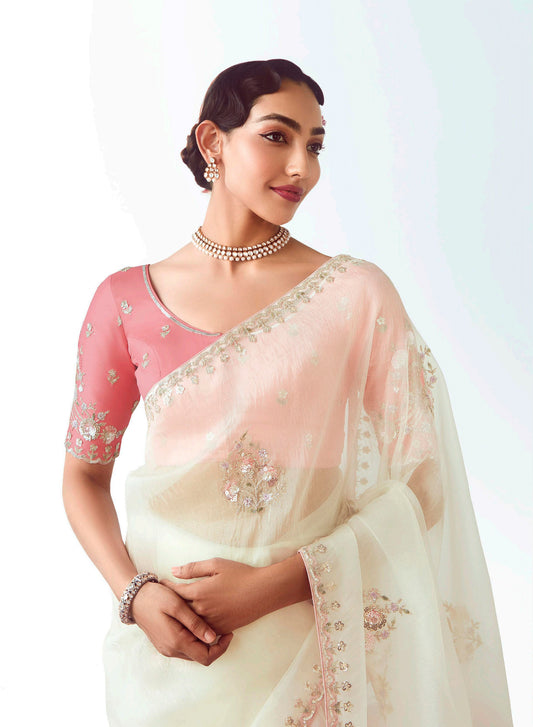White Embroidered Cut Work Fancy Fabric Ceremonial Designer Saree