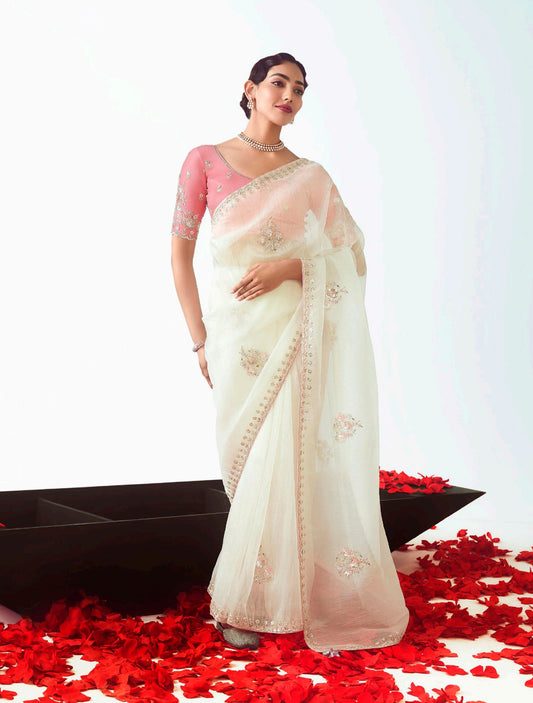White Embroidered Cut Work Fancy Fabric Ceremonial Designer Saree