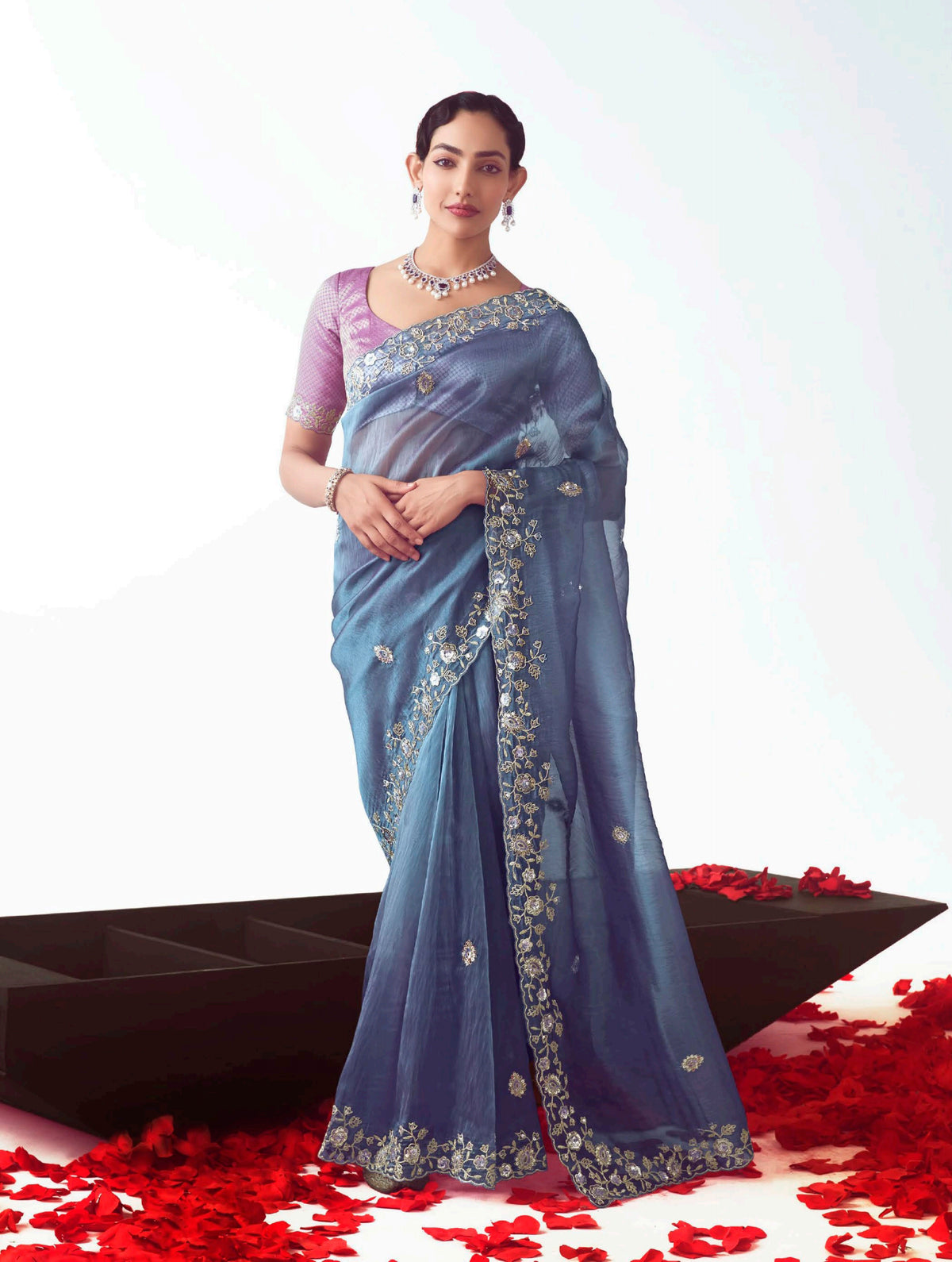 Light Indigo Embroidered Cut Work Fancy Fabric Ceremonial Designer Saree