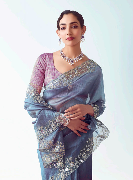 Light Indigo Embroidered Cut Work Fancy Fabric Ceremonial Designer Saree