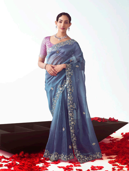 Light Indigo Embroidered Cut Work Fancy Fabric Ceremonial Designer Saree
