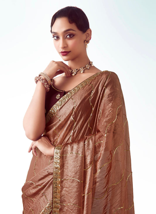 Brown Embroidered Cut Work Fancy Fabric Ceremonial Designer Saree