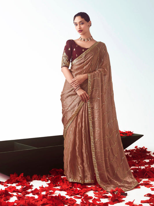 Brown Embroidered Cut Work Fancy Fabric Ceremonial Designer Saree