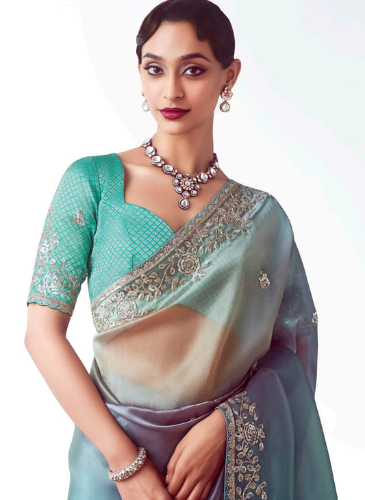 Multi Color Embroidered Cut Work Fancy Fabric Ceremonial Designer Saree