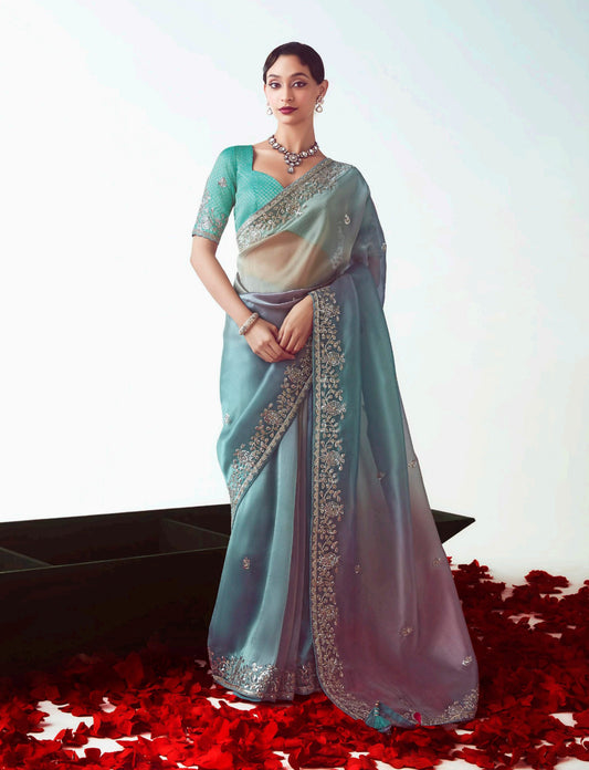 Multi Color Embroidered Cut Work Fancy Fabric Ceremonial Designer Saree