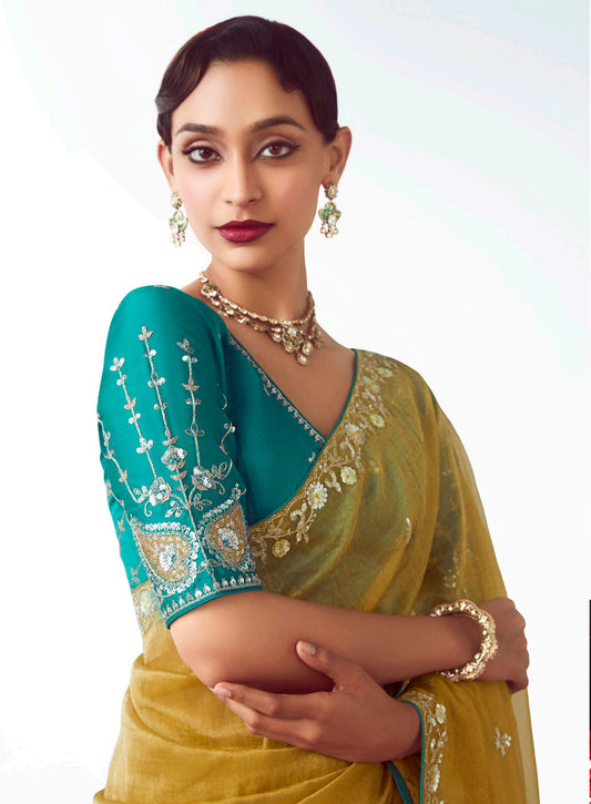 Olive Embroidered Cut Work Fancy Fabric Ceremonial Designer Saree