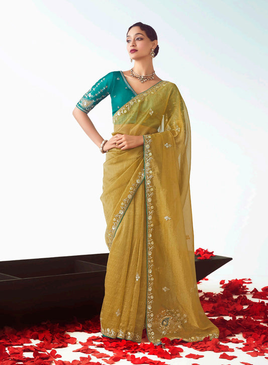 Olive Embroidered Cut Work Fancy Fabric Ceremonial Designer Saree