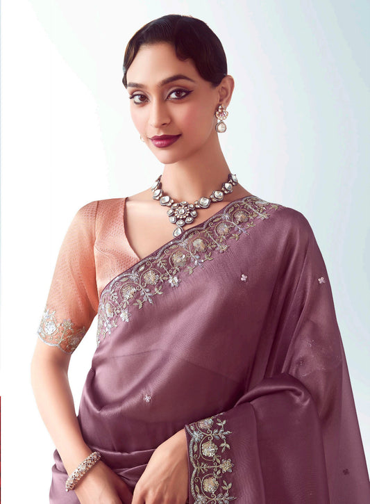 Onion Pink Embroidered Cut Work Fancy Fabric Ceremonial Designer Saree