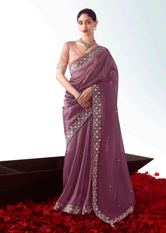 Onion Pink Embroidered Cut Work Fancy Fabric Ceremonial Designer Saree
