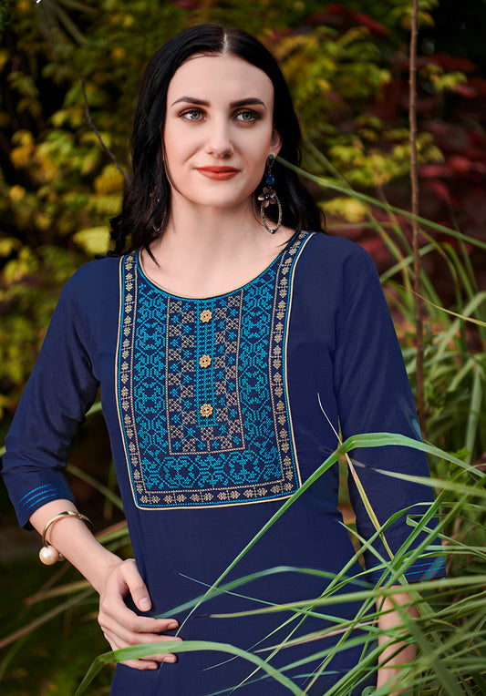 Navy Blue Cotton Embroidered Party Wear Kurti