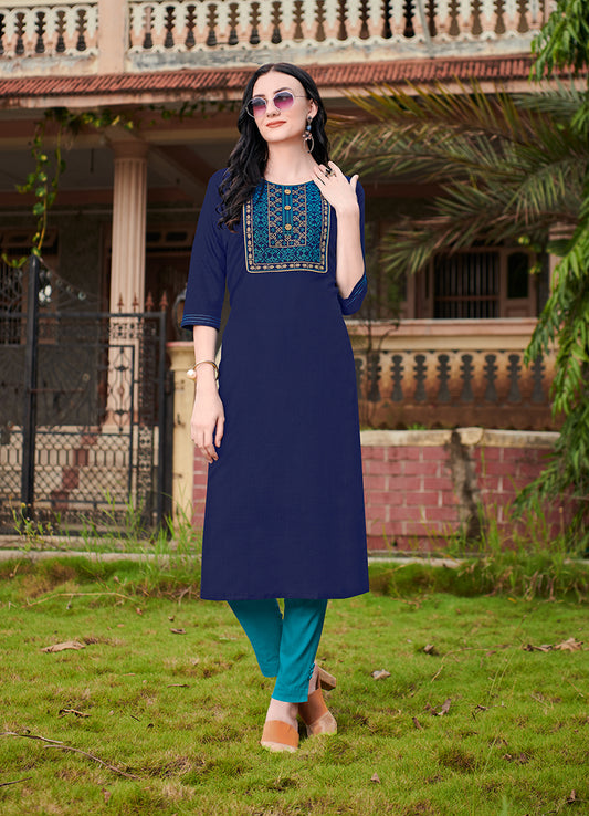 Navy Blue Cotton Embroidered Party Wear Kurti