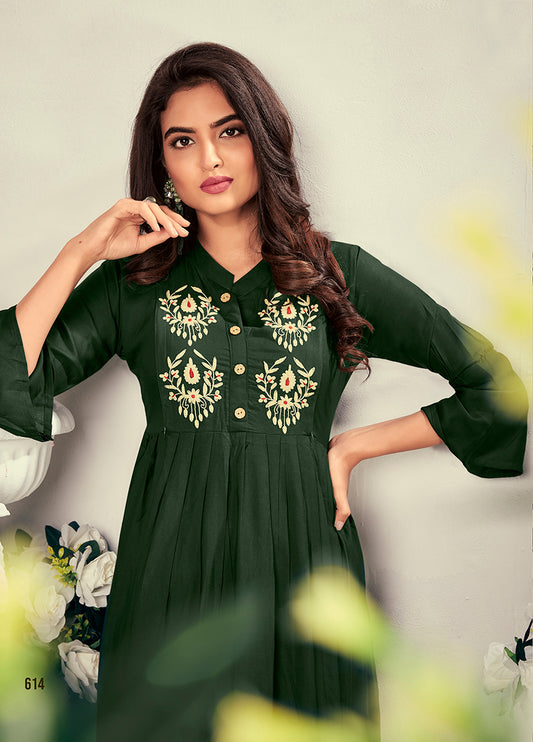 Fancy Festive Wear Bottle Green Color Rayon Fabric Thread Embroidered Kurti