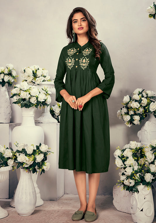 Fancy Festive Wear Bottle Green Color Rayon Fabric Thread Embroidered Kurti
