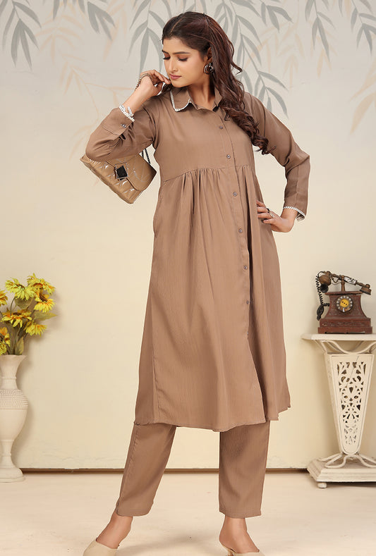 Brown Cotton Solid Festival Casual Kurti