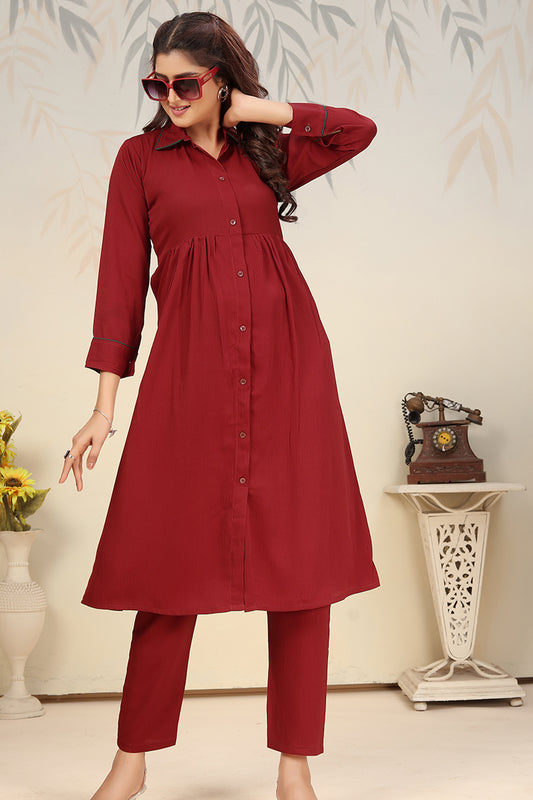 Maroon Cotton Solid Festival Casual Readymade Co-Ord Set
