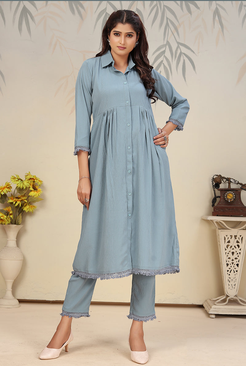 Sky blue Cotton Solid Festival Casual Readymade Co-Ord Set