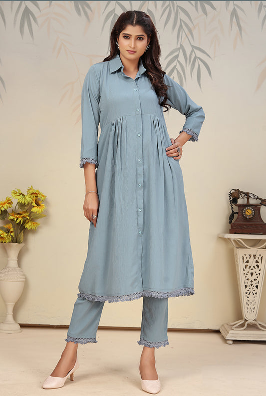 Sky blue Cotton Solid Festival Casual Readymade Co-Ord Set