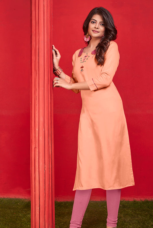 Wonderful Cotton Embroidered  Work Party Wear Kurti in Peach