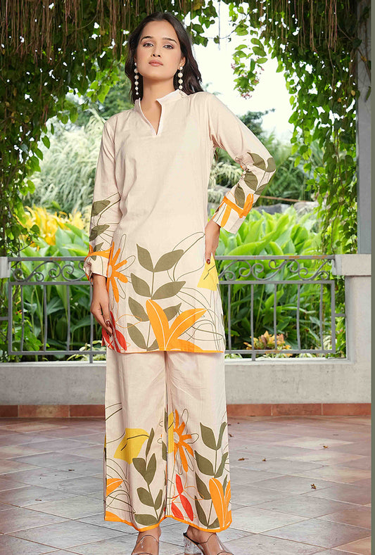 Elegant Cream Floral Printed Cotton Co-Ord Set for Women