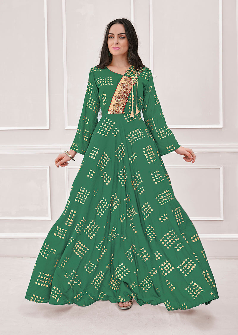 Green Muslin Foil Print Handwork Party Wear Long Gown