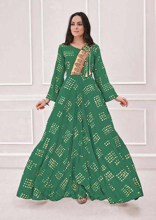 Green Muslin Foil Print Handwork Party Wear Long Gown