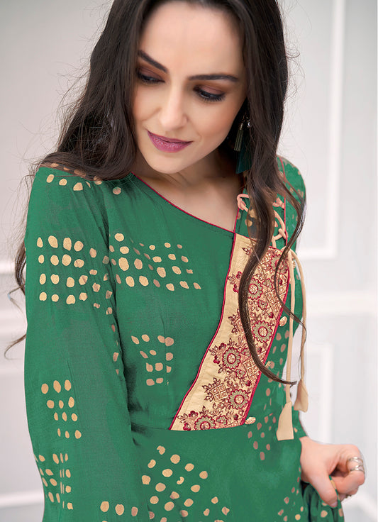 Green Muslin Foil Print Handwork Party Wear Long Gown