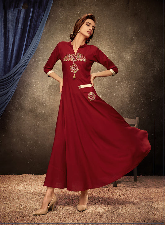 Maroon Embroidered Rayon Party Wear Long Gown