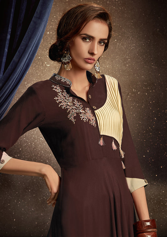 Brown Embroidered Rayon Party Wear Long Gown