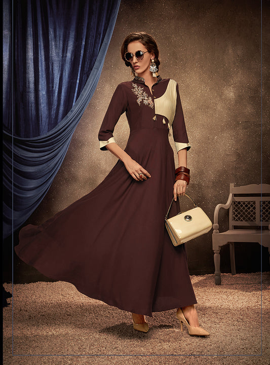 Brown Embroidered Rayon Party Wear Long Gown