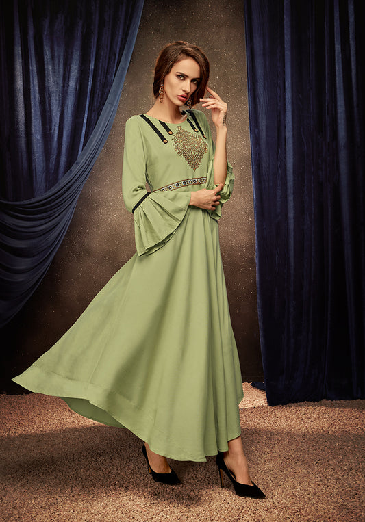 Light green Embroidered Rayon Party Wear Long Gown