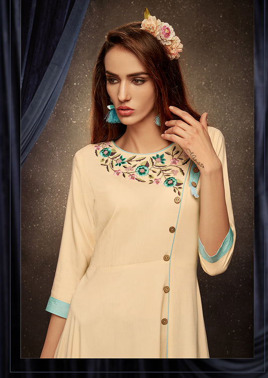 Cream Embroidered Rayon Party Wear Long Gown