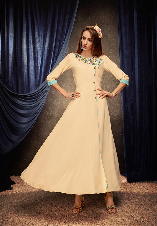 Cream Embroidered Rayon Party Wear Long Gown