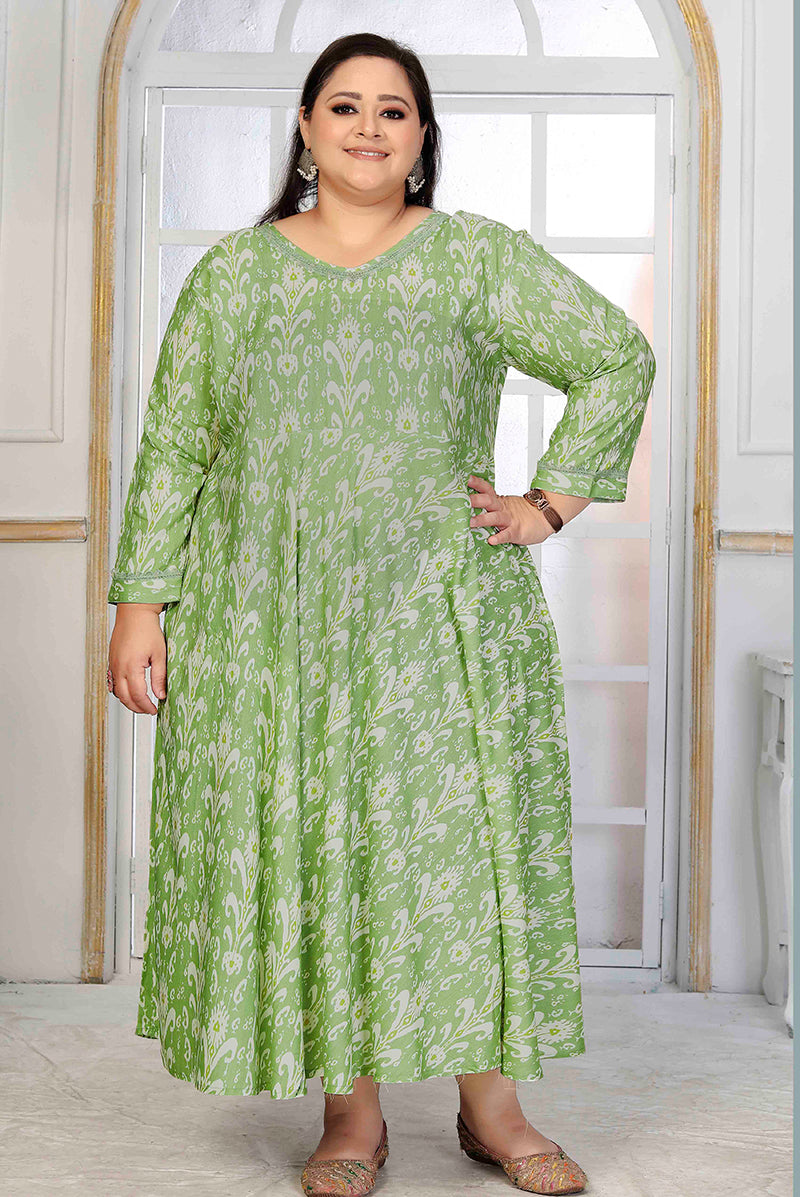Rayon Printed Light Green Designer Floor Length Plus Size Kurti