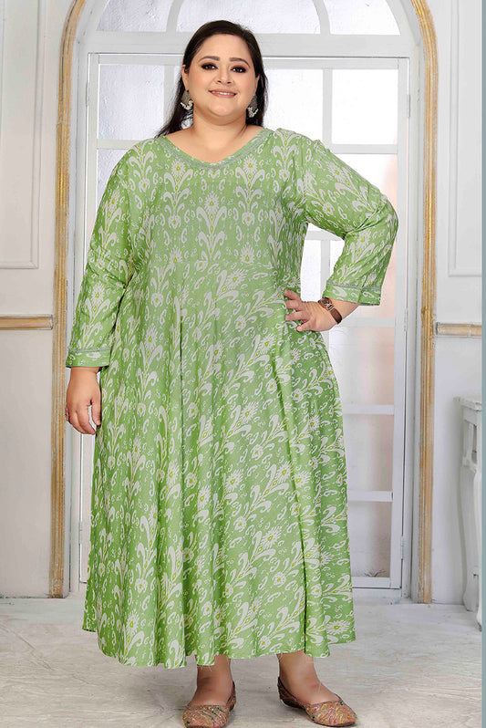 Rayon Printed Light Green Designer Floor Length Plus Size Kurti