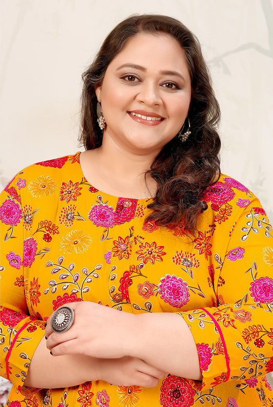 Yellow Ceremonial Rayon Designer Plus Size Flared Kurti