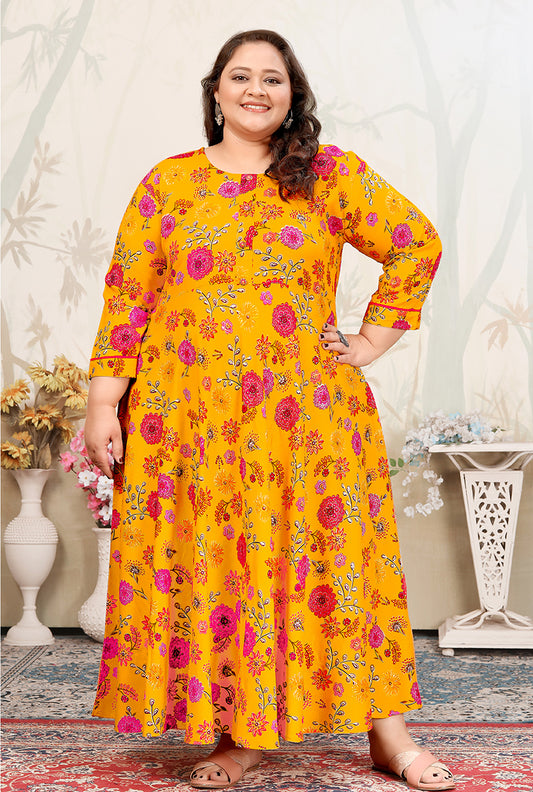 Yellow Ceremonial Rayon Designer Plus Size Flared Kurti
