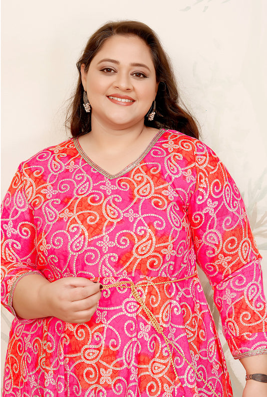 Pink Ceremonial Rayon Designer Plus Size Flared Kurti