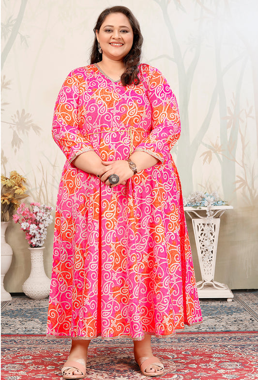 Pink Ceremonial Rayon Designer Plus Size Flared Kurti