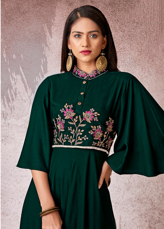 Gorgeous Bottle Green Rayon Embroidered Designer Kurti