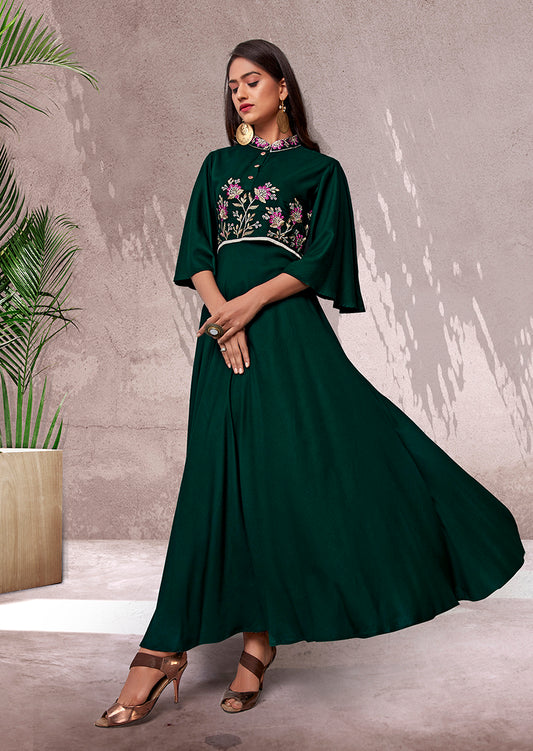 Gorgeous Bottle Green Rayon Embroidered Designer Kurti