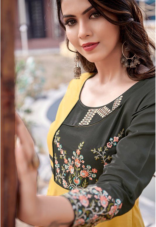 Gorgeous Mustard  Rayon Embroidered Designer Kurti