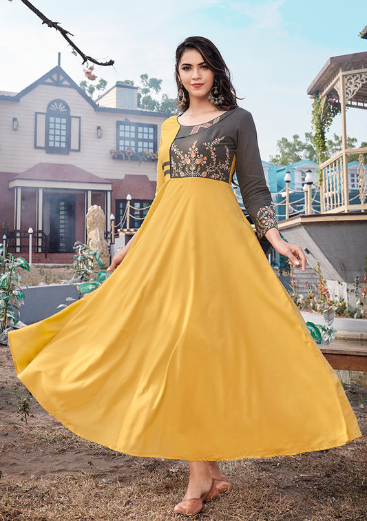 Gorgeous Mustard  Rayon Embroidered Designer Kurti