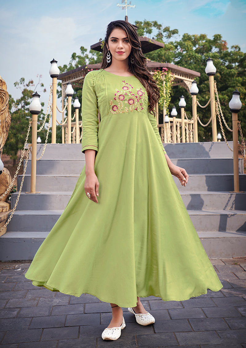 Gorgeous Light Green Rayon Embroidered Designer Kurti