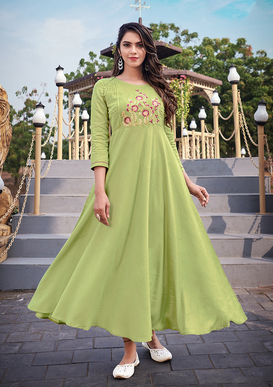 Gorgeous Light Green Rayon Embroidered Designer Kurti