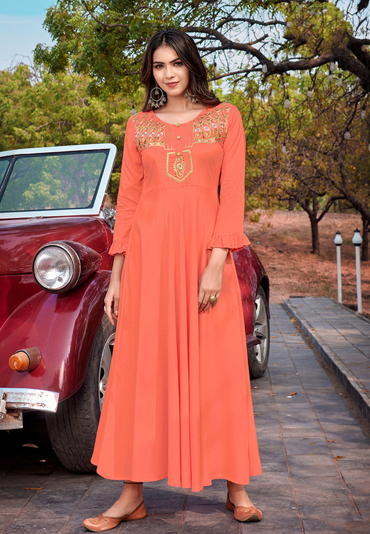 Gorgeous Peach Rayon Embroidered Designer Kurti